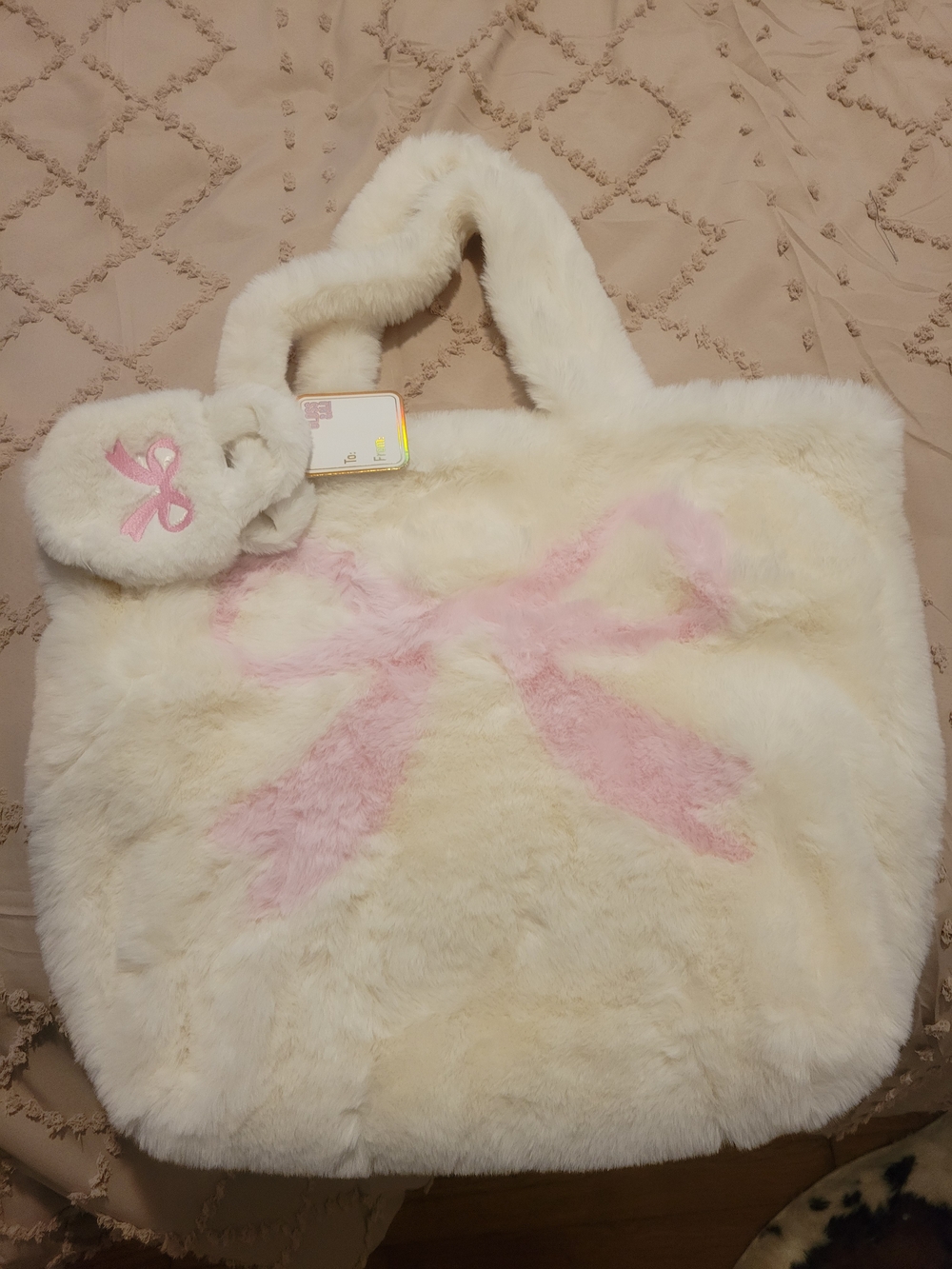 Cream Faux Fur Tote with Pink Bow Accent